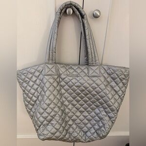MZ Wallace Metallic Silver Quilted Tote Bag with Hot Pink Lining